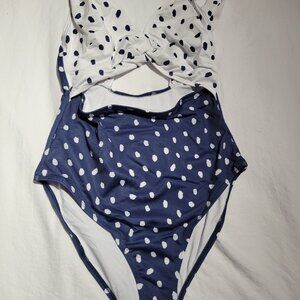 ASOS DESIGN recycled loop front swimsuit with knot in navy polka dot spot US 6